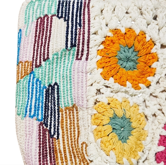 Zara Bohemian Bright Floral Embroidered Crochet Bag Faux Fur Fringe Handles - Picture 4 of 8
